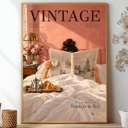 A framed vintage-style poster or print leaning on a shelf, showing a person reading a newspaper in bed with a cup and tea, against a pink background. The poster is surrounded by home decor props including dried flowers, a lamp, and small vases.