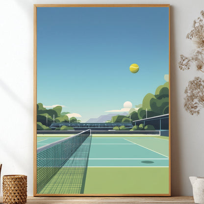 A framed art print featuring a retro-style tennis court scene with a yellow tennis ball under a blue sky, styled on a shelf next to dried flowers and decorative vases.