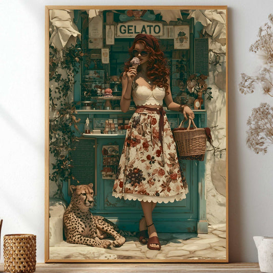 A framed art print depicting a retro-style illustration of a woman in a floral dress standing in front of a teal gelato shop, with a cheetah at her feet, displayed on a shelf in a styled room setting. Vintage, maximalist, eclectic wall art.