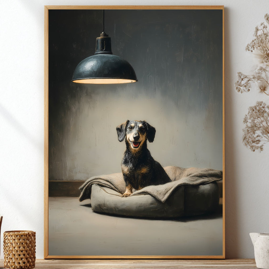 A framed vertical art print depicting a dachshund sitting on a cushion under a hanging lamp, displayed on a shelf in a styled interior with dried flowers and small decorative objects.