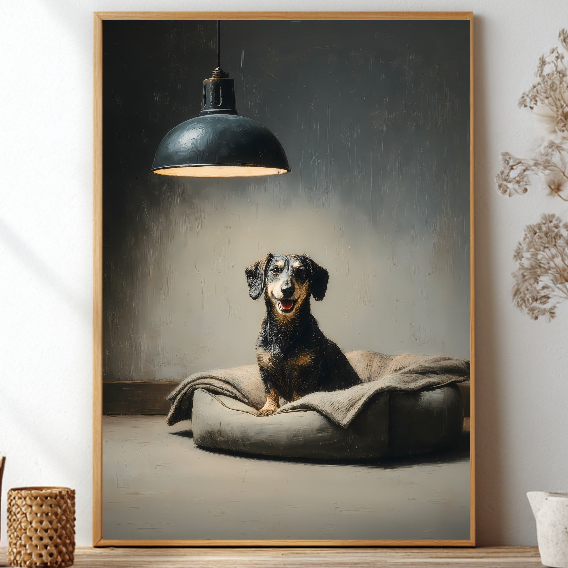 A framed vertical art print depicting a dachshund sitting on a cushion under a hanging lamp, displayed on a shelf in a styled interior with dried flowers and small decorative objects.