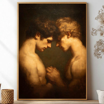A framed classical painting depicting two nude male figures facing each other in a dark, dramatic scene, displayed on a shelf in a styled interior with dried flowers and small decorative vases.