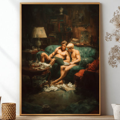 A framed vertical art print depicting two shirtless men lounging on a green sofa in a dimly lit room, styled on a shelf with dried flowers and decorative vases against a white wall.
