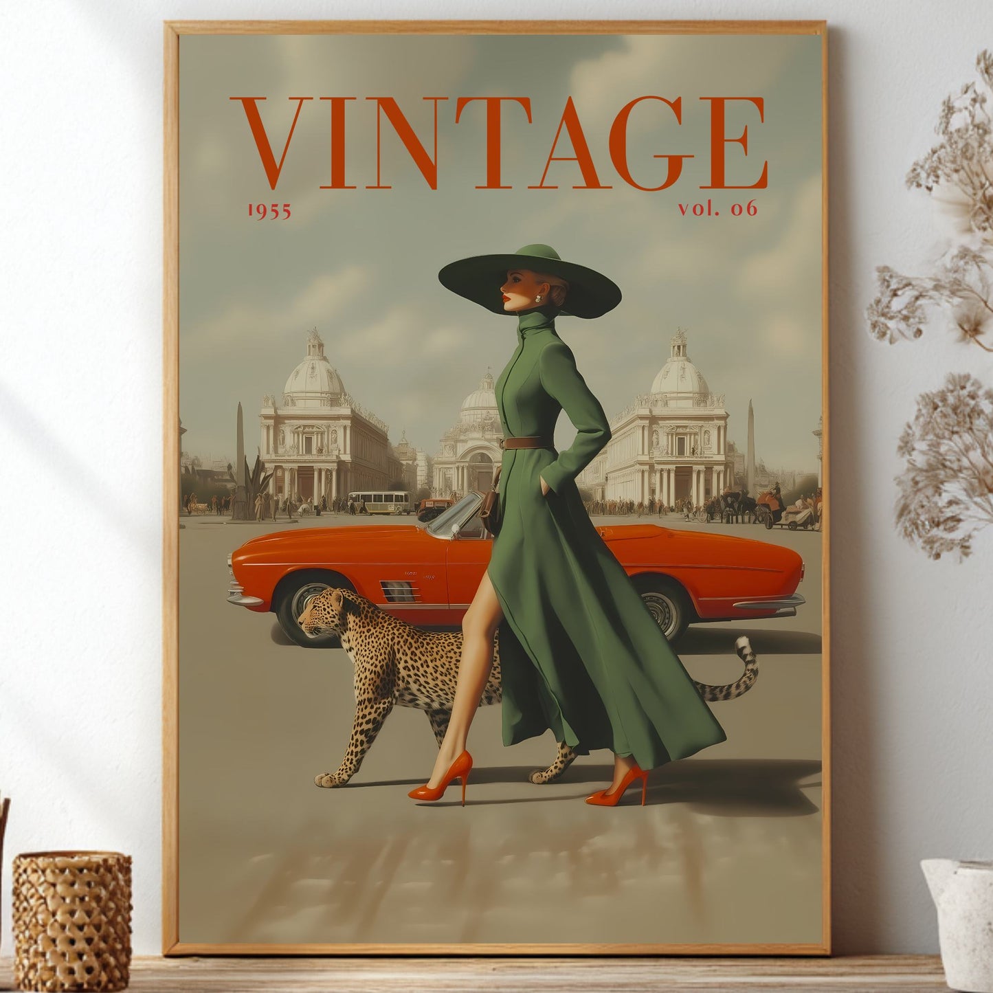 A framed vintage-style poster or art print leaning on a shelf, showing a woman in a green dress and wide-brim hat walking beside an orange convertible with domed buildings in the background. The poster reads “VINTAGE 1955 vol.