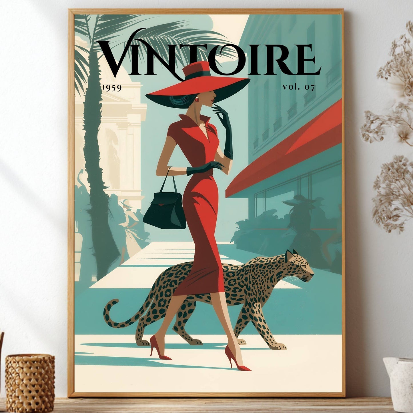 A framed vintage-style art print featuring a woman in a red dress and hat walking a leopard, with the large word 'VINTOIRE' and '1959 vol. 07' at the top.