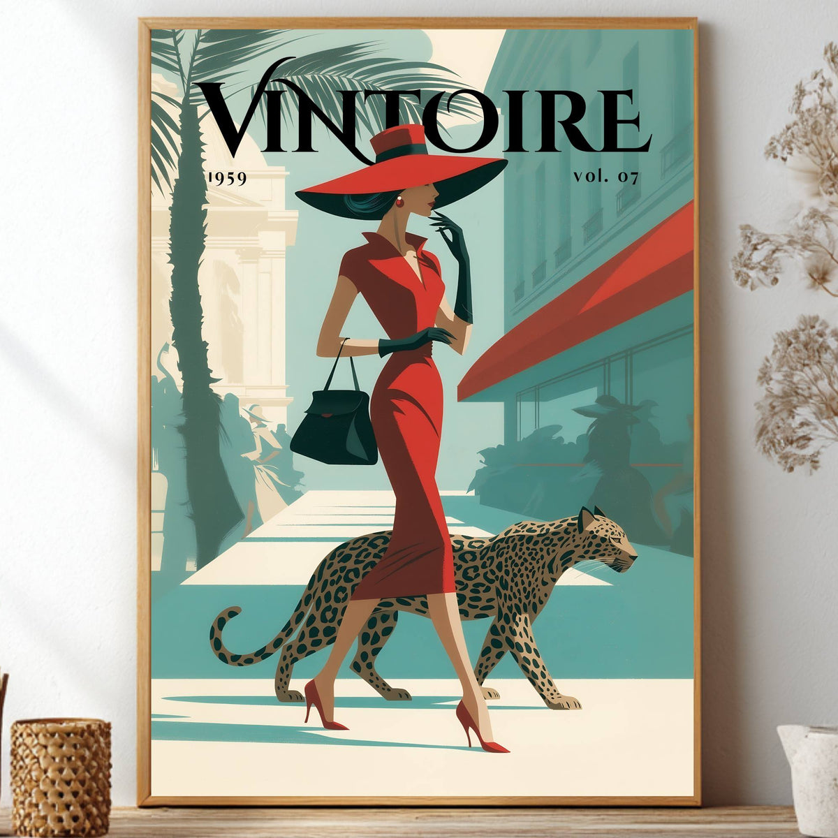 A framed vintage-style art print featuring a woman in a red dress and hat walking a leopard, with the large word 'VINTOIRE' and '1959 vol. 07' at the top.