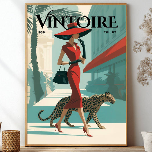 A framed vintage-style art print featuring a woman in a red dress and hat walking a leopard, with the large word 'VINTOIRE' and '1959 vol. 07' at the top.
