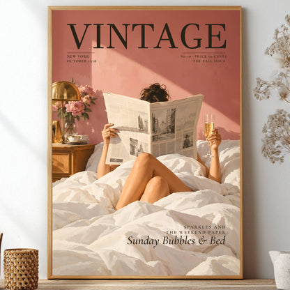 A framed vintage-style wall art print featuring a woman reading a newspaper in bed, styled on a shelf between decorative dried flowers and small vases. The poster has a dusty pink background, black serif text reading 'VINTAGE,' and white bedding.
