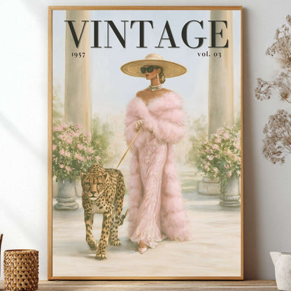 A framed vintage-style poster leaning on a shelf, showing a woman in a pink fur coat and wide-brim hat walking a leopard in a garden. The poster reads “VINTAGE 1957 vol.