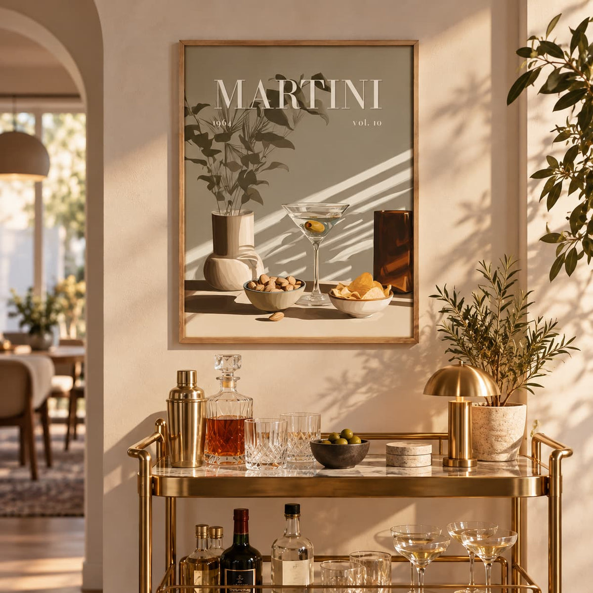 A framed art print featuring a martini still life with the text 'MARTINI vol. 10' hangs on a warm beige wall above a gold bar cart in a beautifully styled home bar setting.