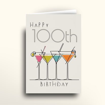 Greeting card with four cocktail glasses and 'Happy 100th Birthday' text on a white background