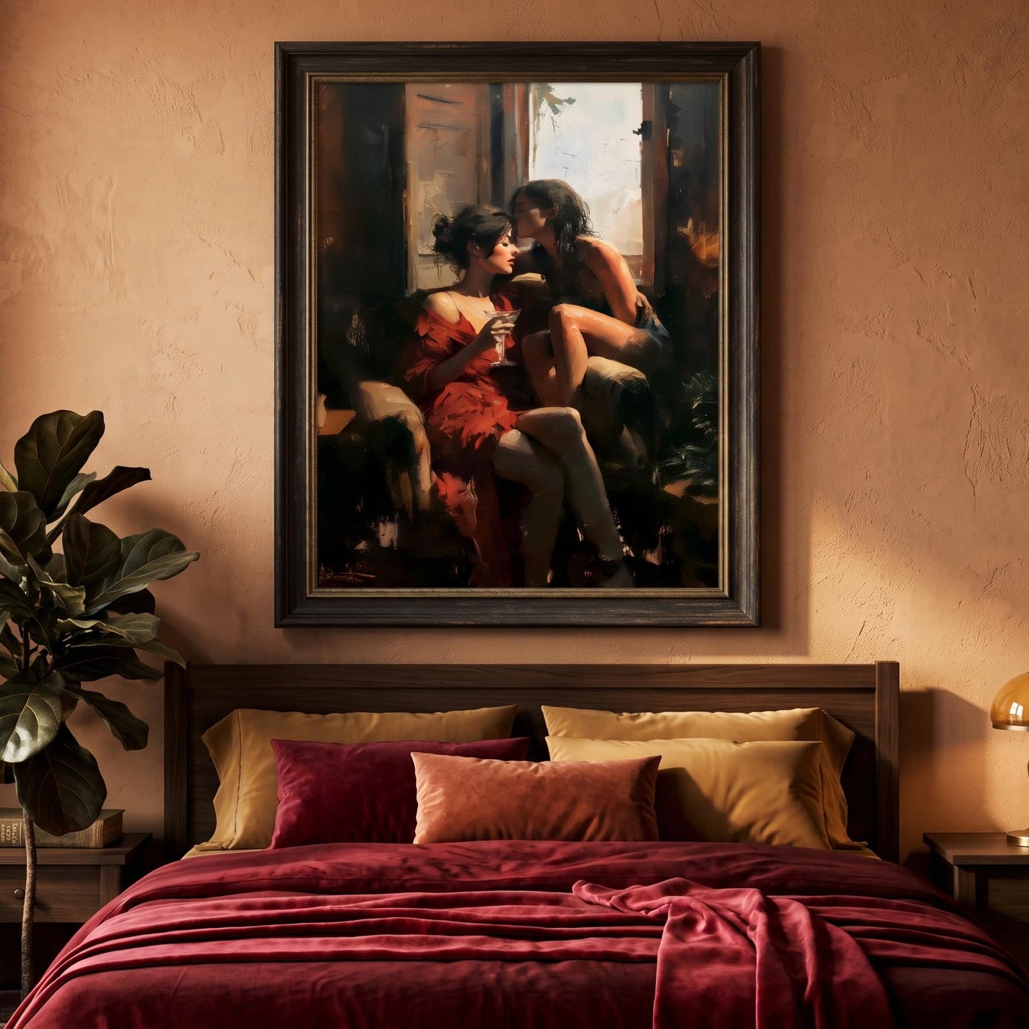 A framed classical painting of two figures by a window hangs on a warm beige wall above a bed with deep red bedding and matching pillows in a styled bedroom.