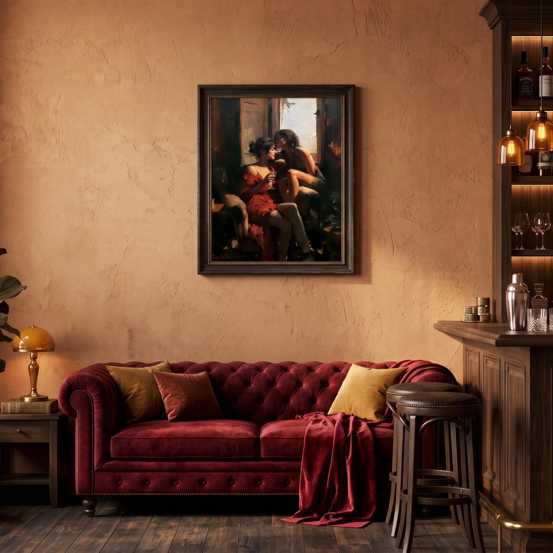 A framed art print depicting a romantic couple embracing hangs on a warm, textured beige wall above a deep red velvet tufted sofa in a cozy, dimly lit bar and lounge setting.