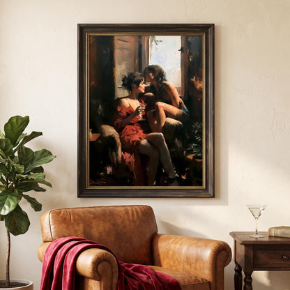 A framed classical painting depicting a romantic scene hangs on a beige wall above a brown leather armchair in a styled living room setting with a potted plant and a side table.