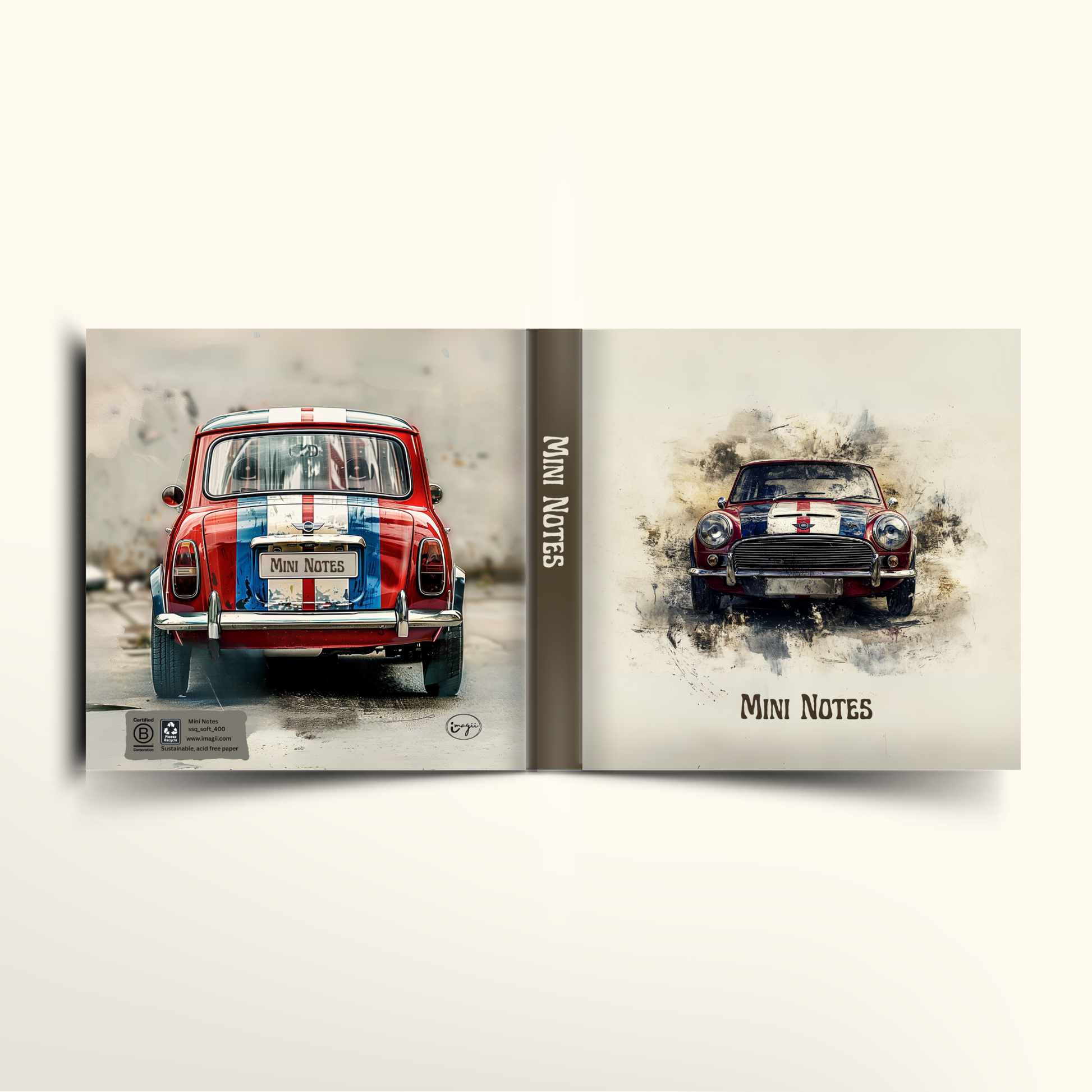 Notebook with a red and white mini cooper car design on the cover and back