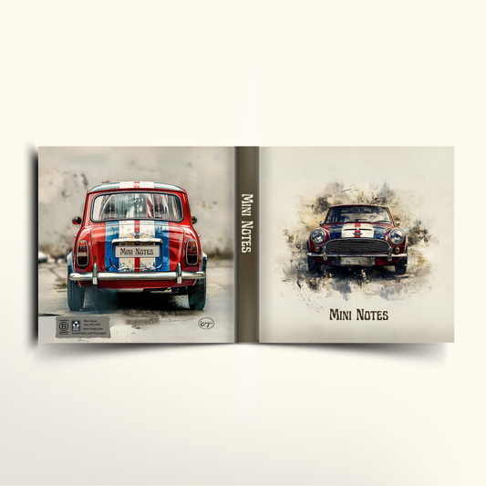 Notebook with a red and white mini cooper car design on the cover and back