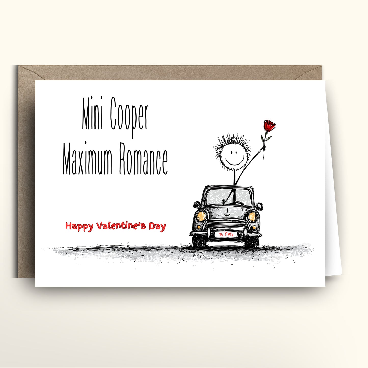 Valentine's Day card with a cartoon car and stick figure holding a rose, text 'Mini Cooper Maximum Romance Happy Valentine's Day'.