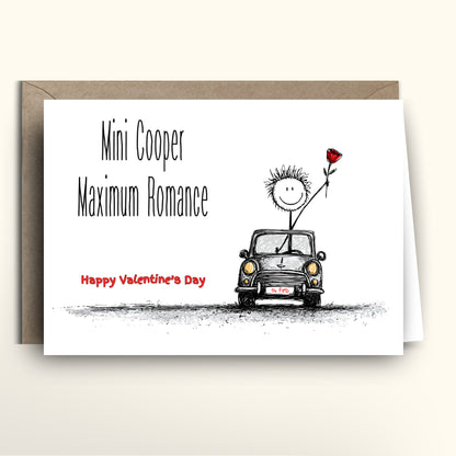 Valentine's Day card with a cartoon car and stick figure holding a rose, text 'Mini Cooper Maximum Romance Happy Valentine's Day'.