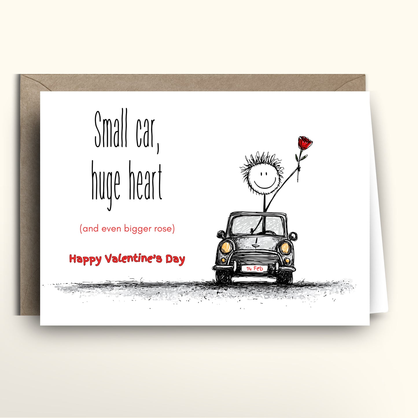 Valentine's Day card with a cartoon character in a small car holding a rose, on a white background.