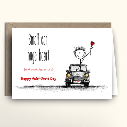 Valentine's Day card with a cartoon character in a small car holding a rose, on a white background.