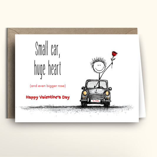 Valentine's Day card with a cartoon character in a small car holding a rose, on a white background.