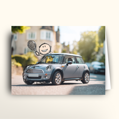 Small gray car on a road with a cartoon character overlay