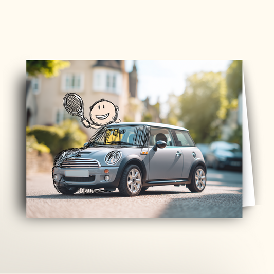 Small gray car on a road with a cartoon character overlay