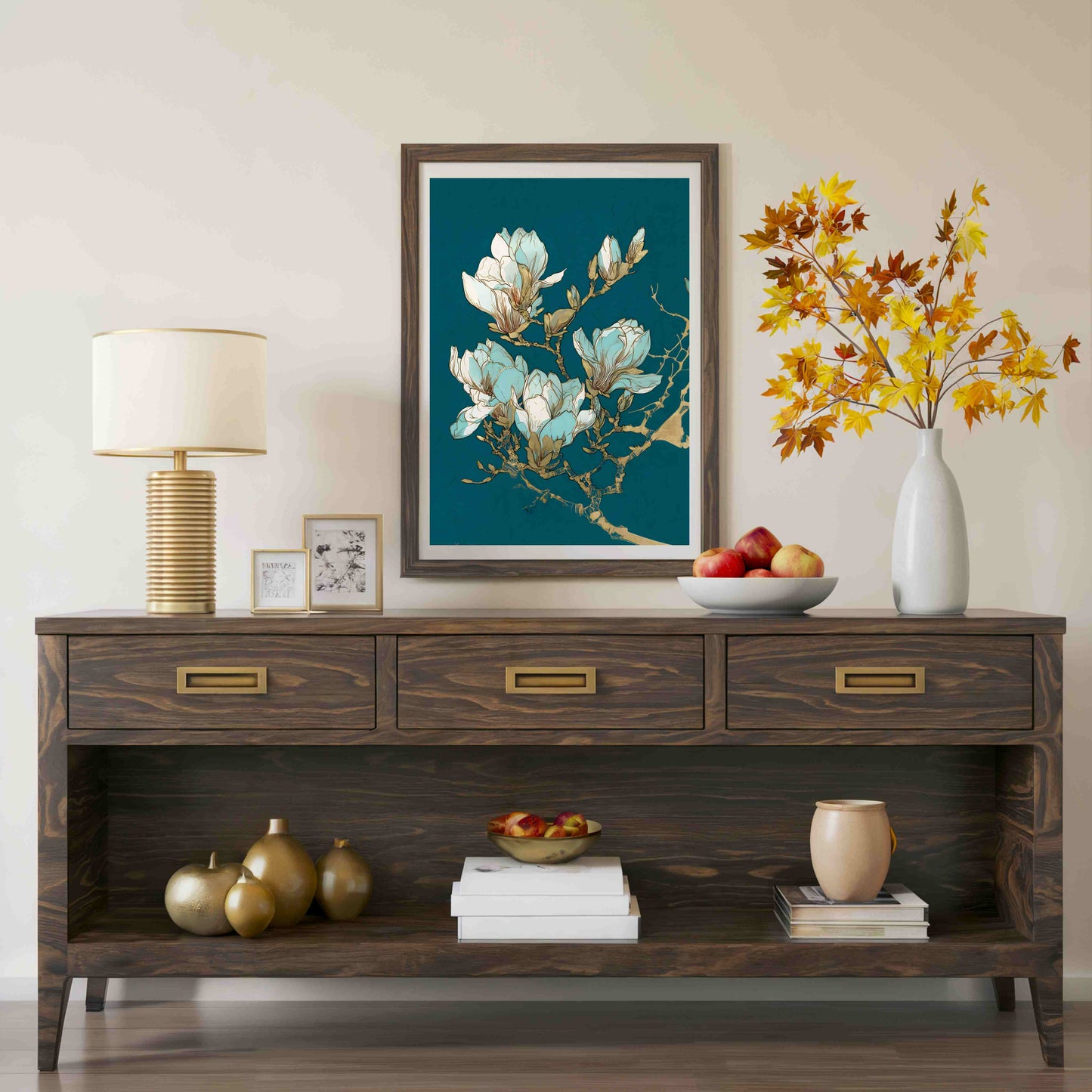 Teal Magnolia Botanical Print – Art Nouveau Gold Floral Design