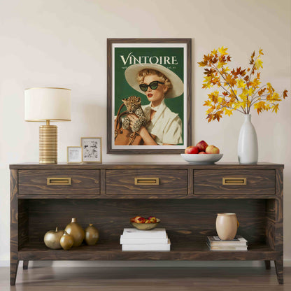 A dark wood console table styled in a living room setting, featuring a vintage 'Vintore' magazine cover print, a table lamp, a white vase with autumn leaves, and decorative accents. Retro leopard wall art poster: 1950s woman in cat-eye sunglasses holding a leopard cub, green vintage print for maximalist decor