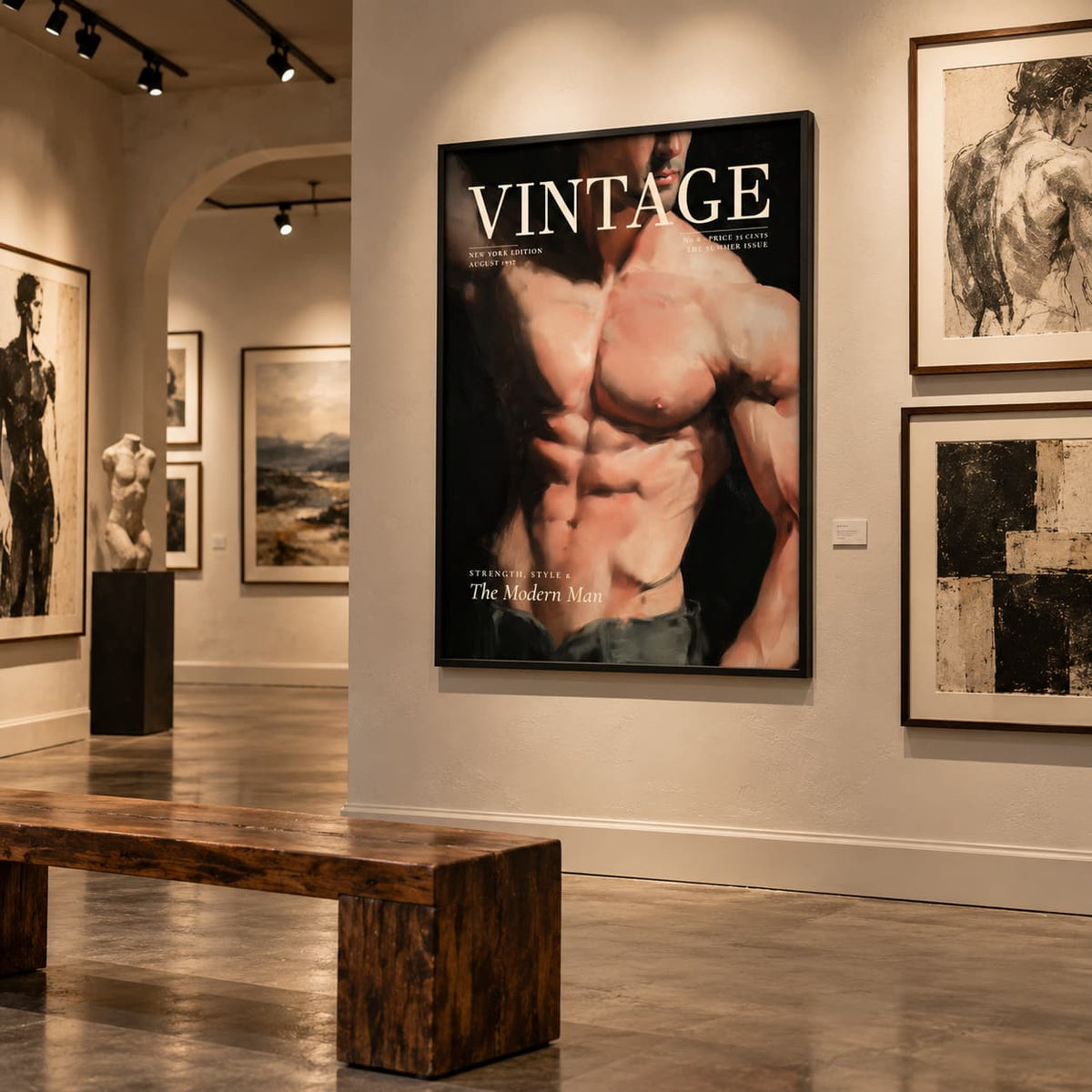 A framed vintage-style art print featuring a muscular male torso with the word 'VINTAGE' is displayed on a gallery wall, with a wooden bench in the foreground and other framed artworks in a museum setting.
