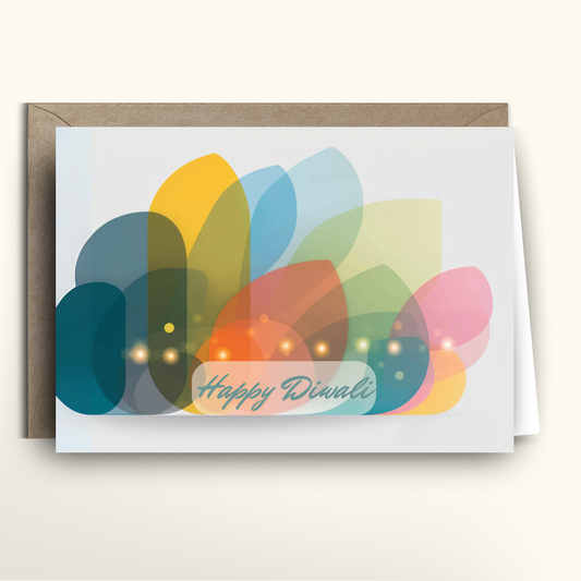 Greeting card with colorful design and 'Happy Diwali' text on a white background
