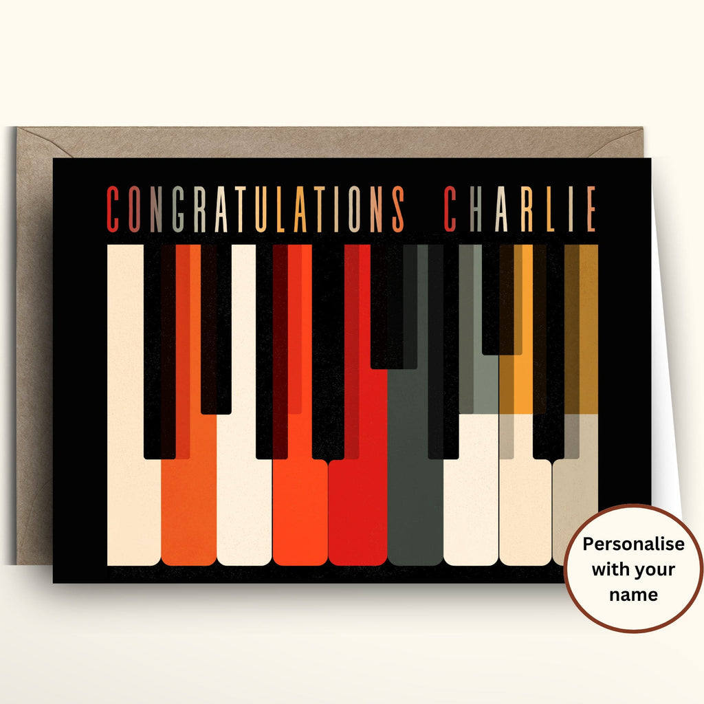 Personalized mid century modern retro piano keys birthday card with Saul Bass style graphic illustration in orange red black and cream.