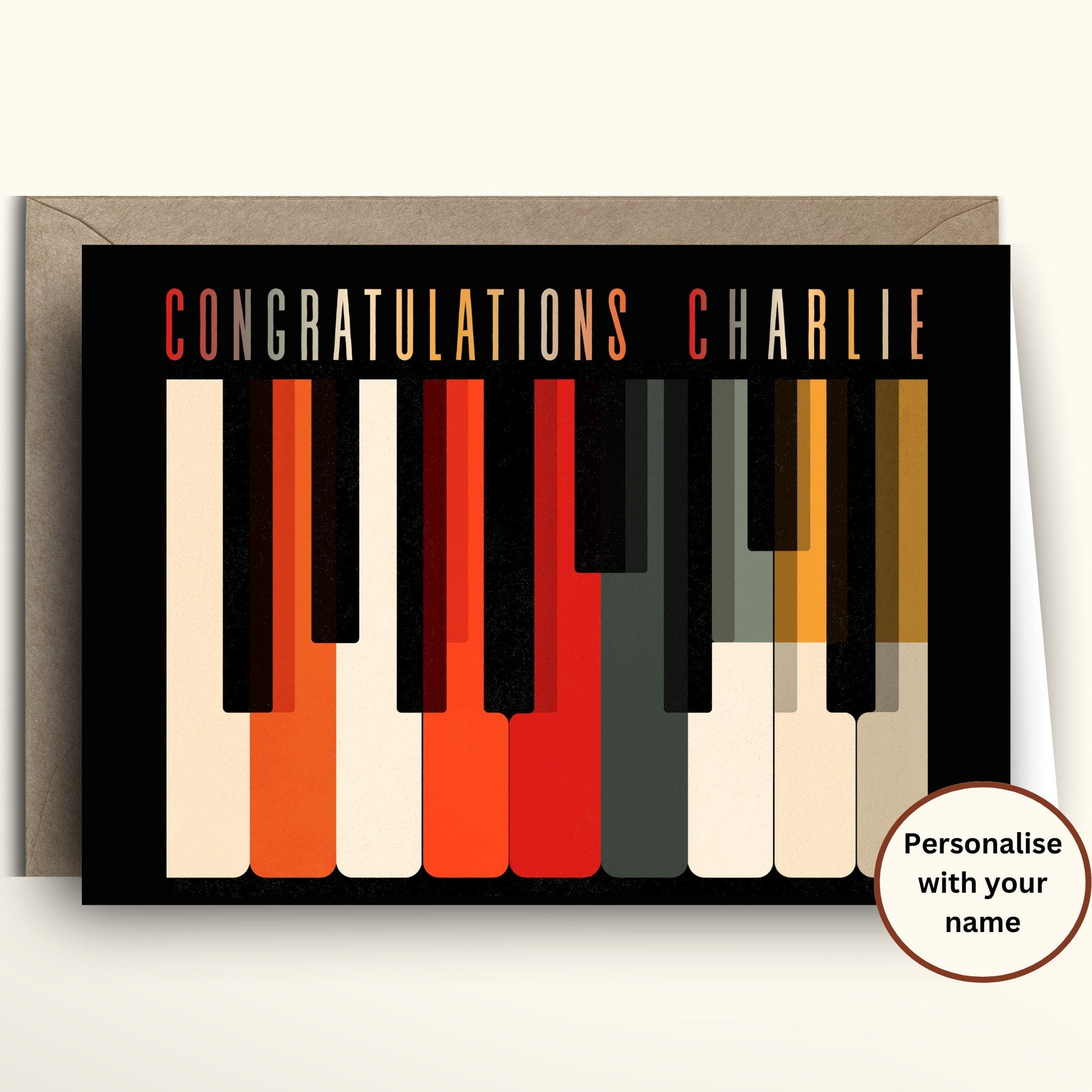 Personalized mid century modern retro piano keys birthday card with Saul Bass style graphic illustration in orange red black and cream.