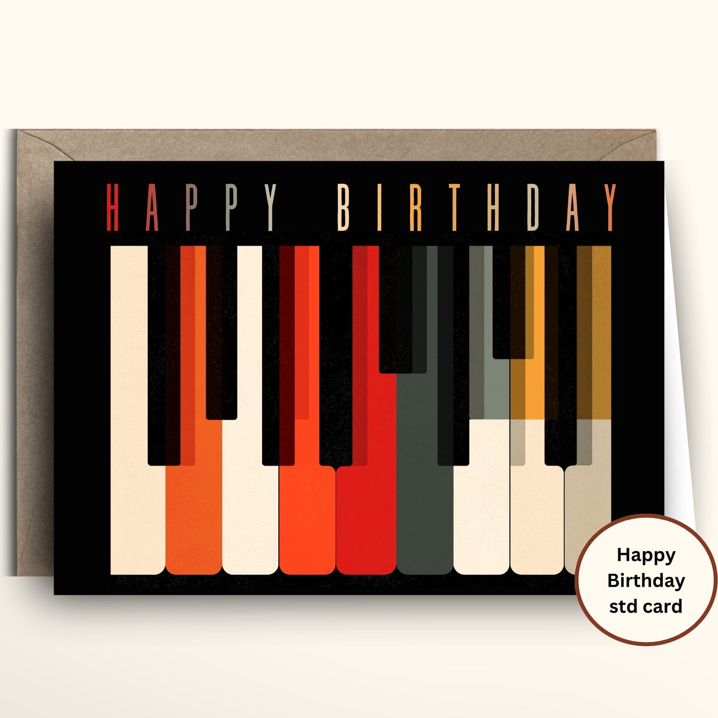 Personalized mid century modern retro piano keys birthday card with Saul Bass style graphic illustration in orange red black and cream.