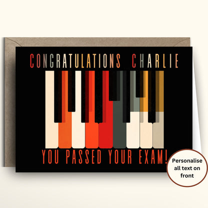 Personalized mid century modern retro piano keys birthday card with Saul Bass style graphic illustration in orange red black and cream.