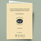Beige greeting card with text and logo on a light gray background