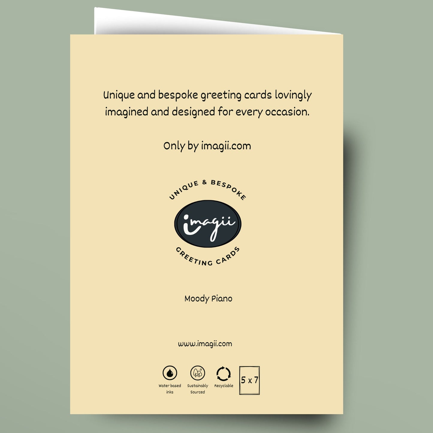 Beige greeting card with text and logo on a light gray background