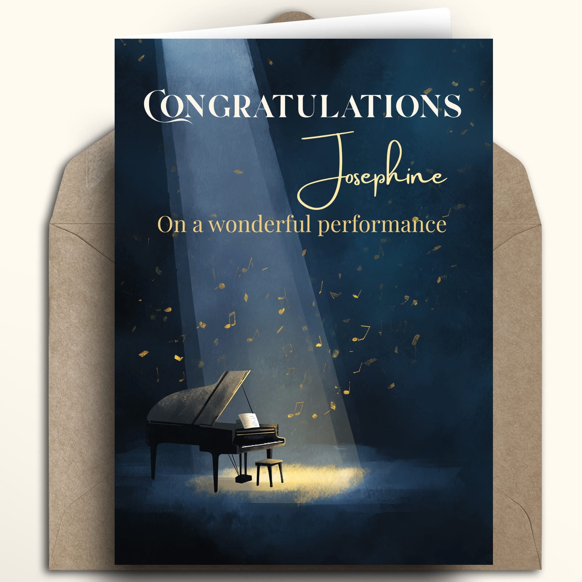 Greeting card with a piano and congratulations message on a dark blue background