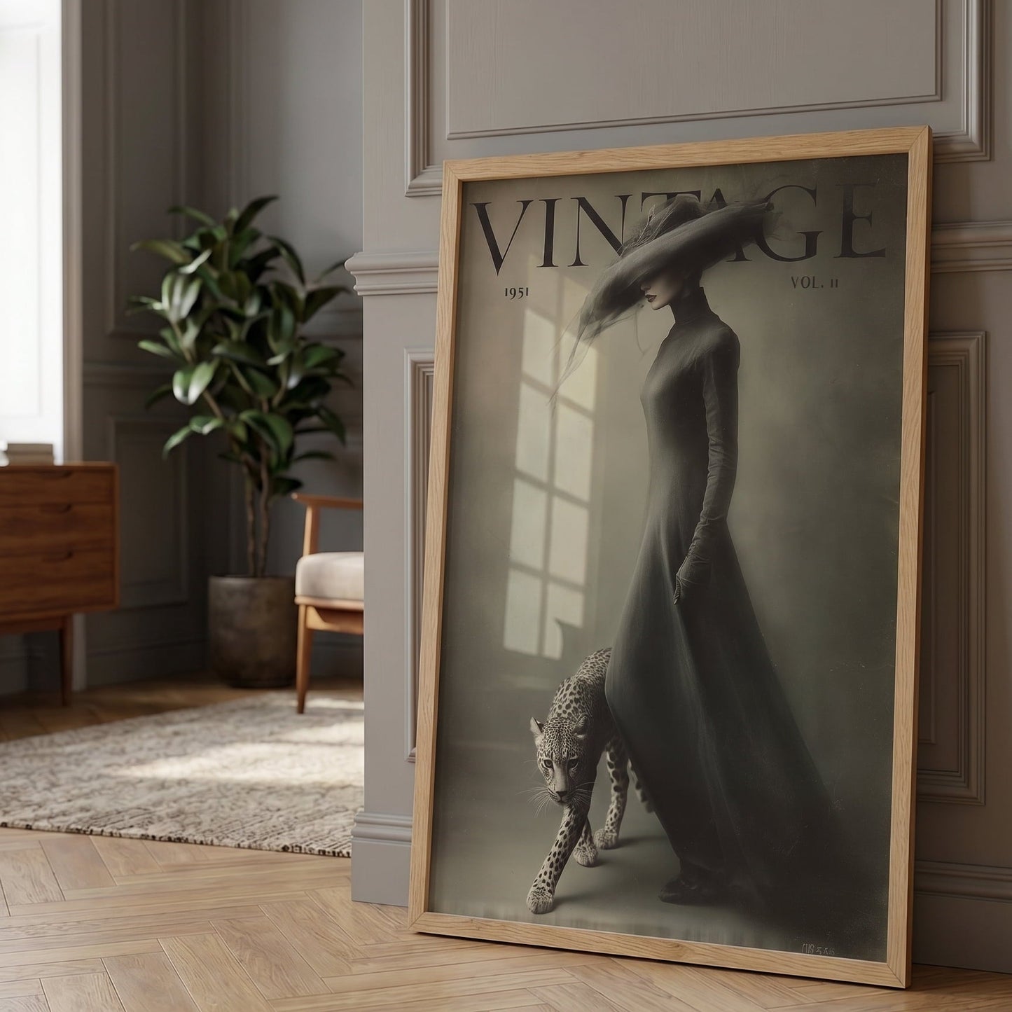Framed vintage-style poster of a woman and leopard in a room with wooden flooring and a plant.