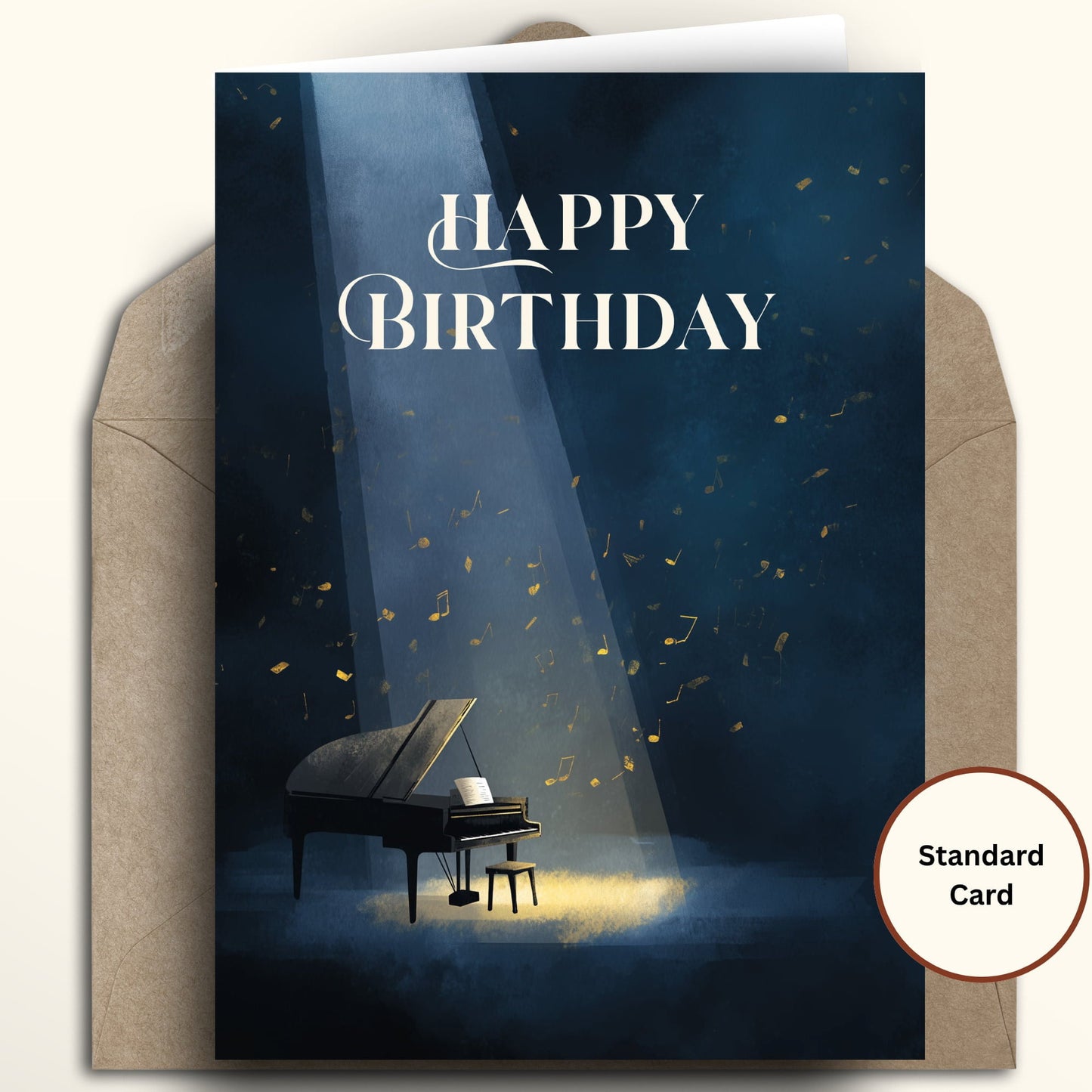 Greeting card with a piano and 'Happy Birthday' text on a dark blue background
