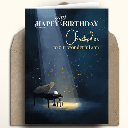Birthday card with a piano and personalized text on a dark blue background