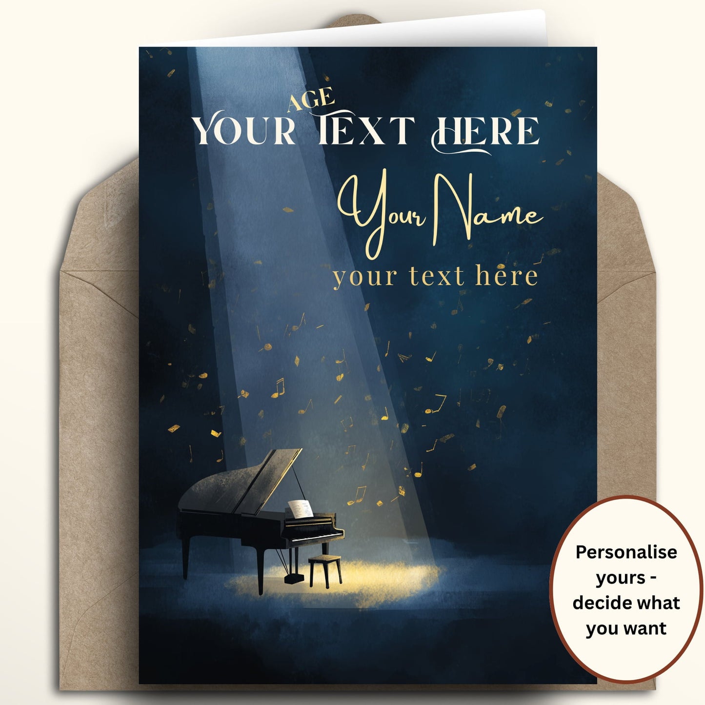 Greeting card with a piano and personalized text area on a dark blue background