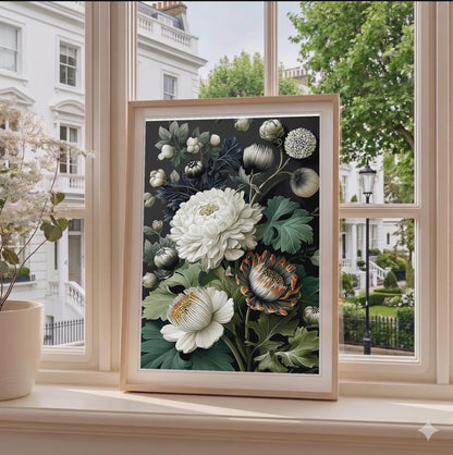 Framed botanical print on a windowsill with a view of a building and trees outside.Moody Pimpernel Floral Art, William Morris Inspired, Dark Floral Decor, Art Nouveau Print, Elegant Wall Art