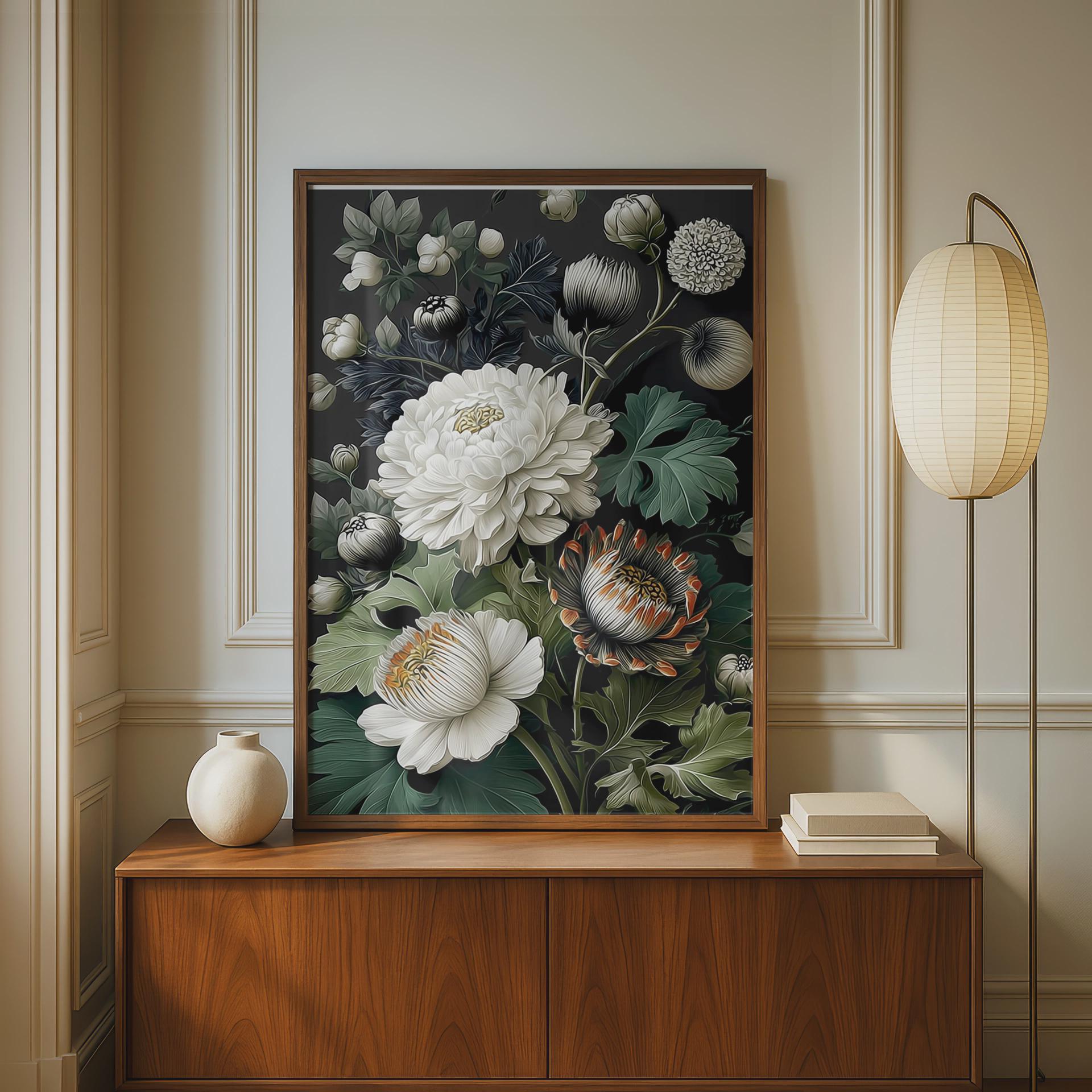 Floral artwork on a wall above a wooden cabinet with a lamp and books.Moody Pimpernel Floral Art, William Morris Inspired, Dark Floral Decor, Art Nouveau Print, Elegant Wall Art