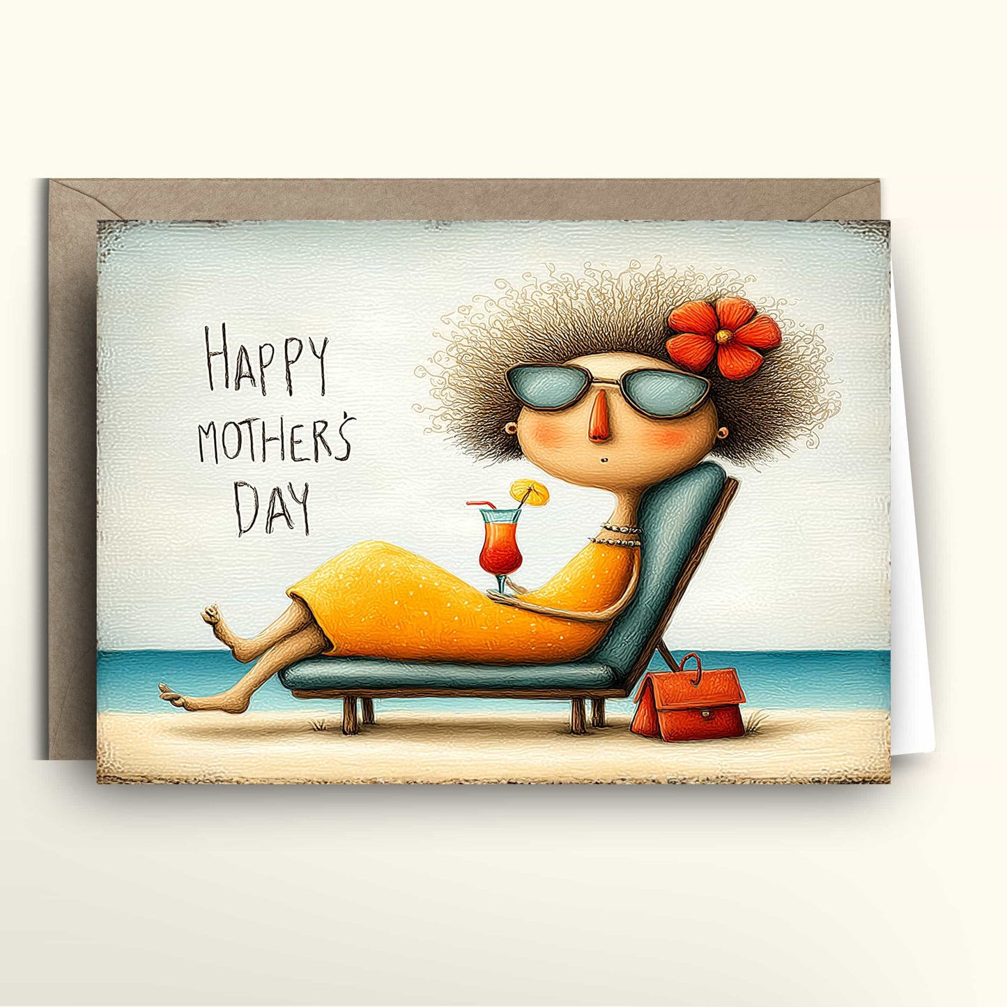 Funny Mother’s Day greeting card illustration of a stylish mum in sunglasses lounging on a beach chair holding a cocktail, with “Happy Mother’s Day” text.