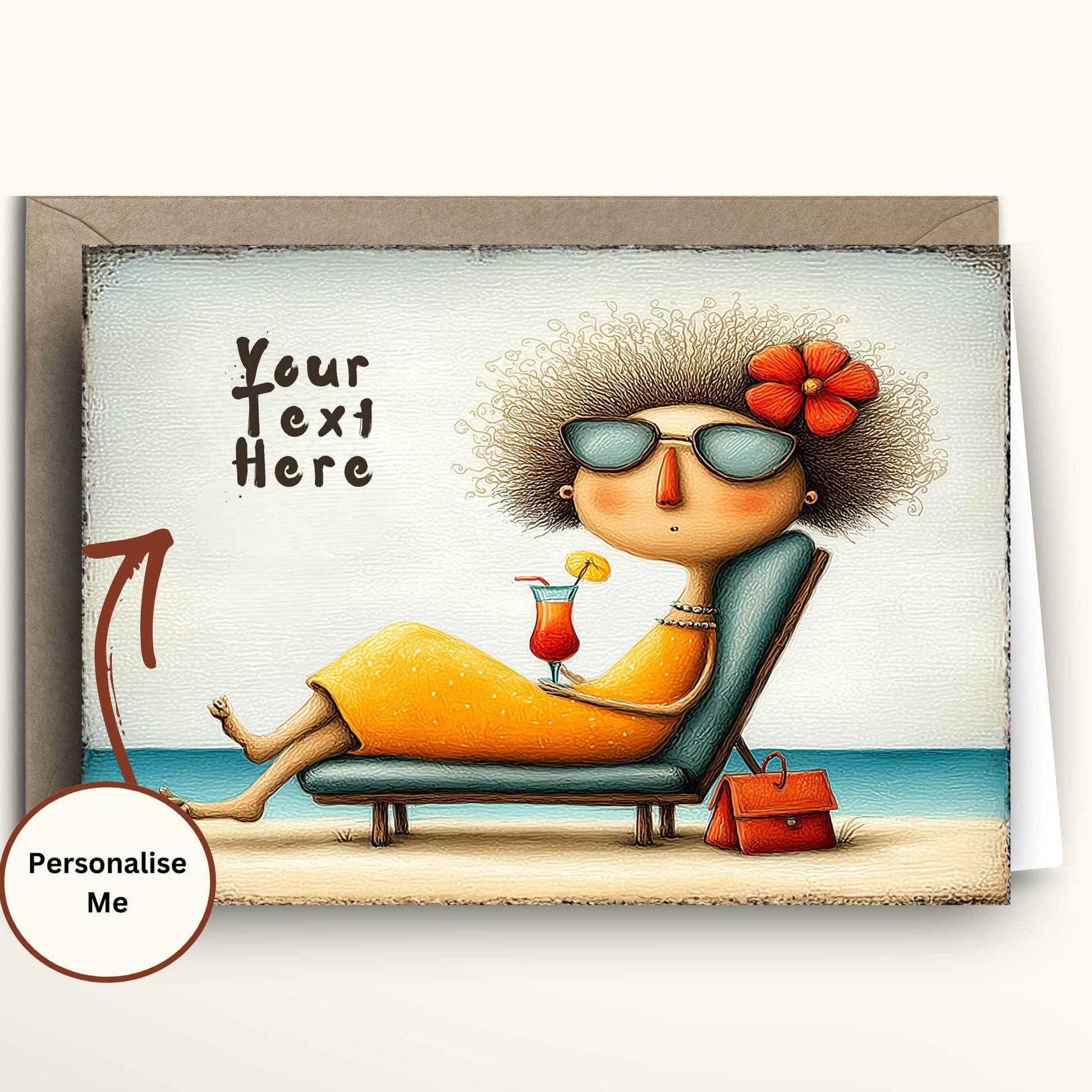 Funny Mother’s Day greeting card illustration of a stylish mum in sunglasses lounging on a beach chair holding a cocktail, with “Your Text Here” text.