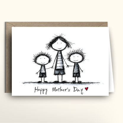 Minimalist Mother's Day greeting card with black scribble line drawing of mother holding hands with two children, text Happy Mother's Day with red heart on white background, kraft envelope