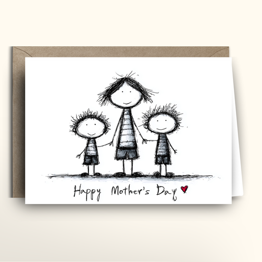 Minimalist Mother's Day greeting card with black scribble line drawing of mother holding hands with two children, text Happy Mother's Day with red heart on white background, kraft envelope