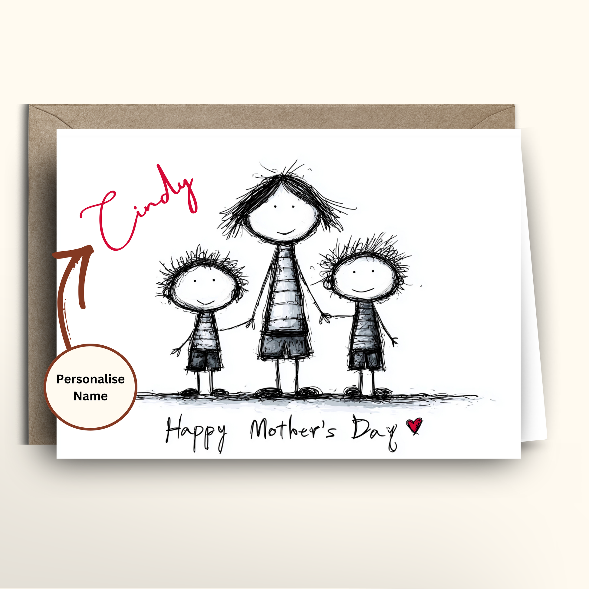 Personalised Mother's Day card showing custom name Cindy in red script above minimalist scribble illustration of mum and two kids holding hands, Happy Mother's Day text, kraft envelope