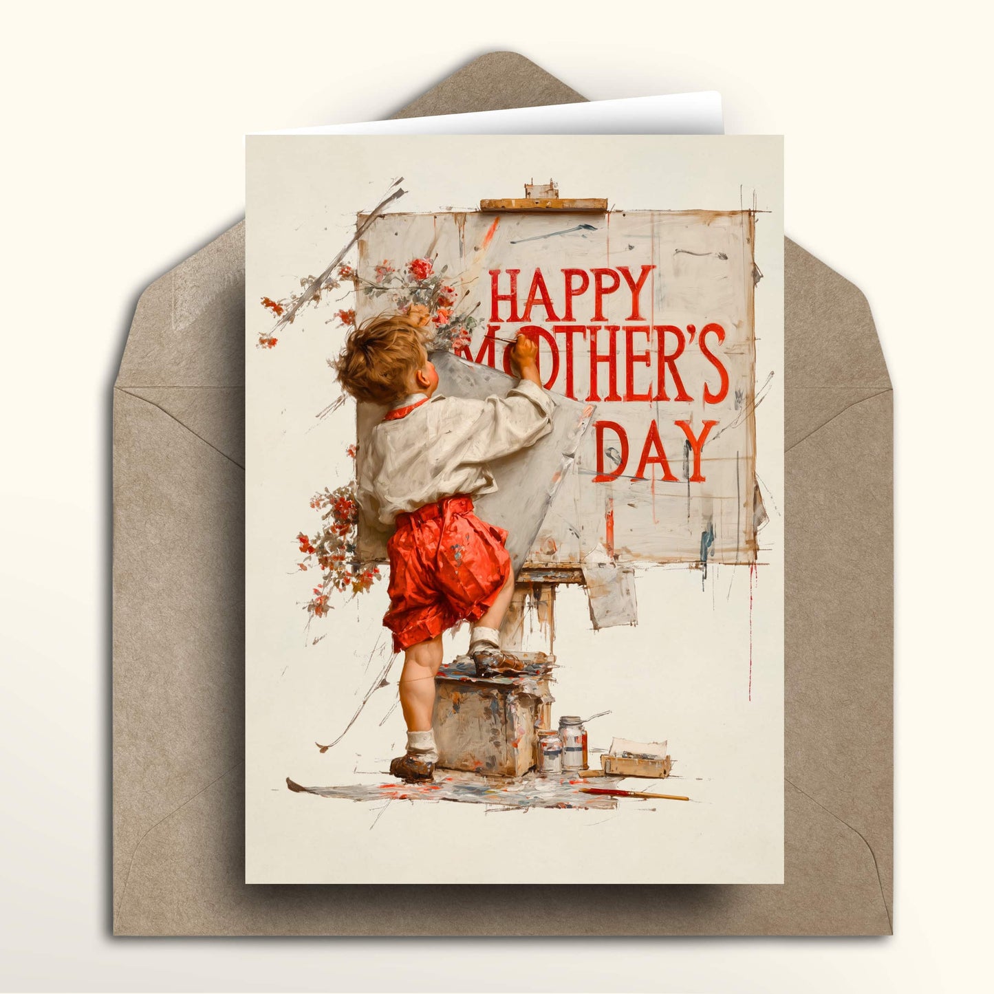 Mother's Day card with a child painting a sign that says 'Happy Mother's Day' on a beige envelope.